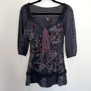 Language Romantic Navy Floral Blouse with Tie Neck